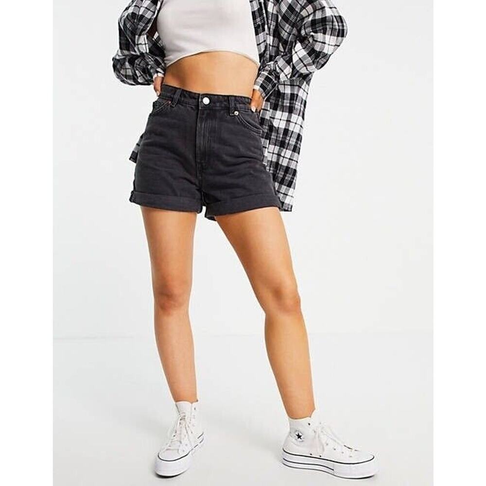 Monki Tallie Sz 28 Shorts Distressed Denim Jean Black Turn Up Cuffed Hem Cotton
